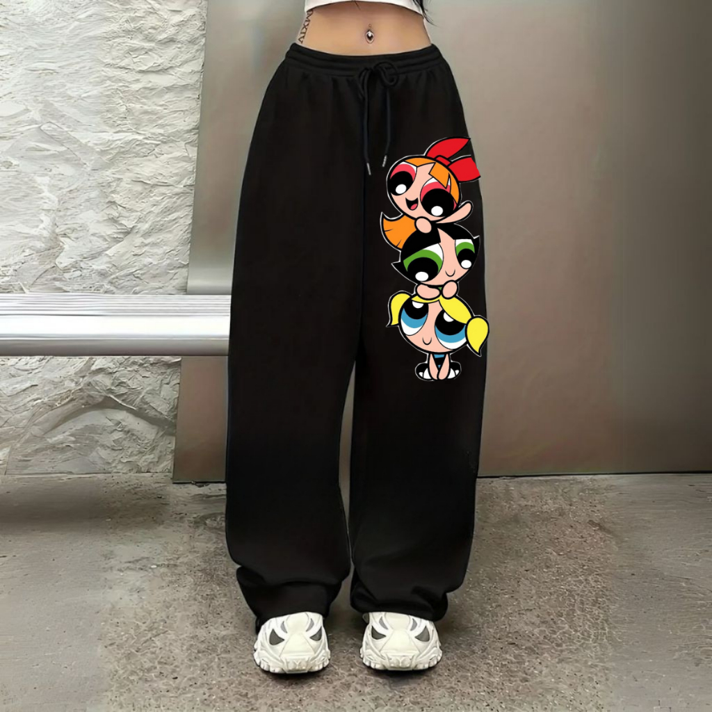 Calça Wide Leg Urban Style Moletom Confortável Unissex Estampada Meninas Super Poderosas