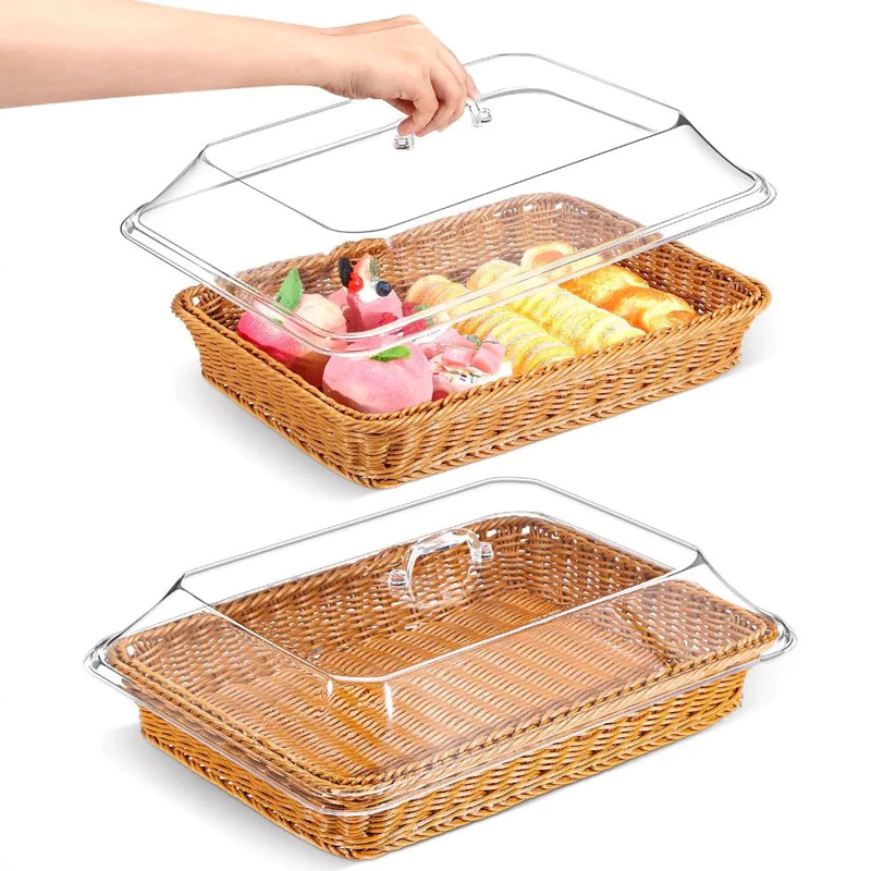 Cesta De Pão De Mesa De Jantar De Vime Simulado Trançado À Mão Com Tampa