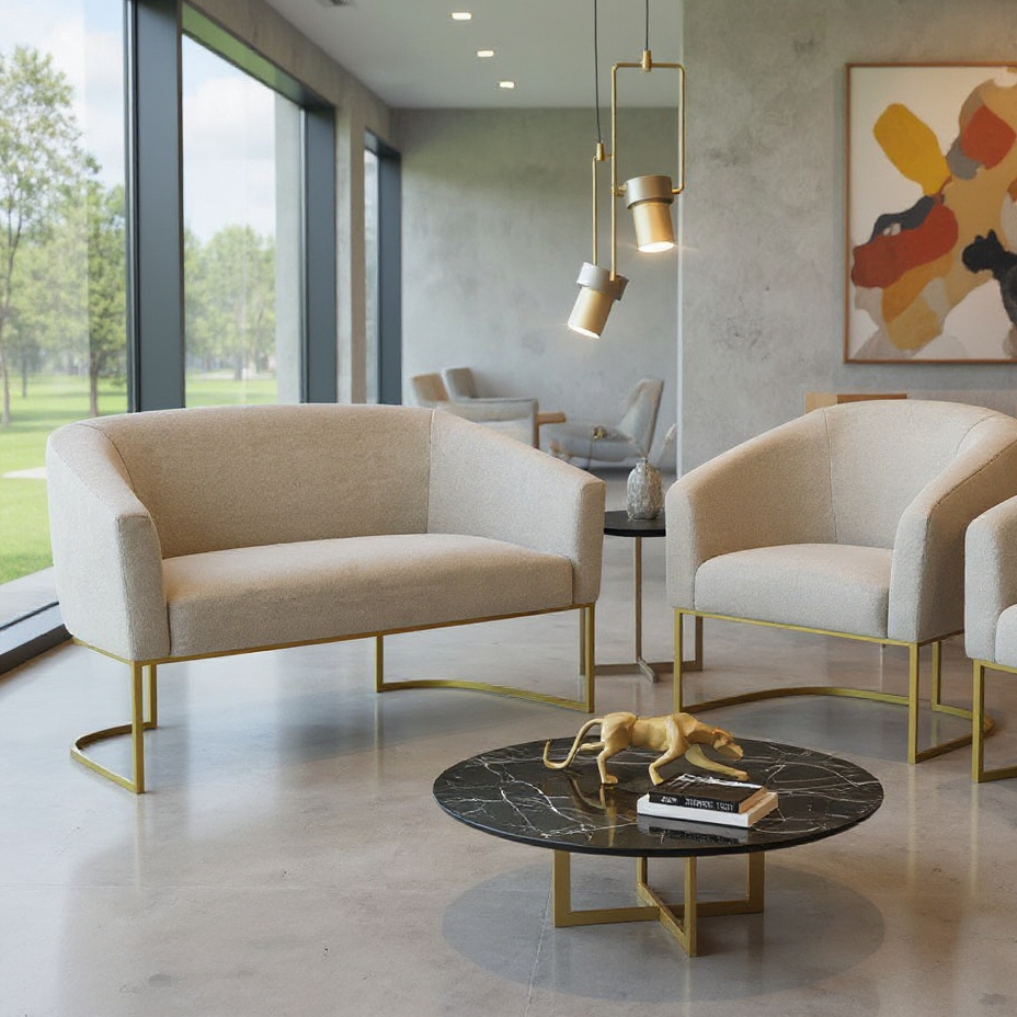 Sofá 2 Lugares Namoradeira e Poltrona Industrial Dourado Stella Bouclê para Sala - D'Rossi