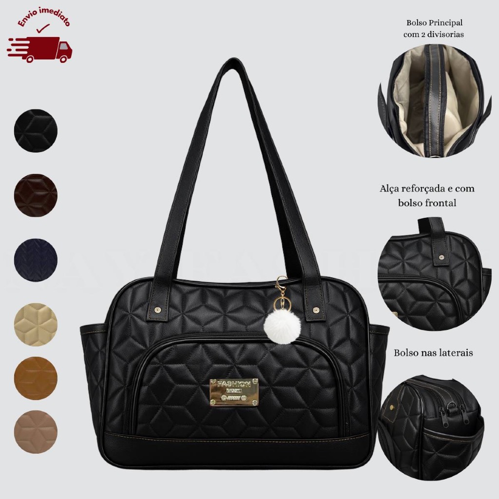 Bolsa Feminina Grande 2 Divisorias 2 Alças Transversal + Chaveiro Pom Pom Trabalho Faculdade em Oferta na Shopee