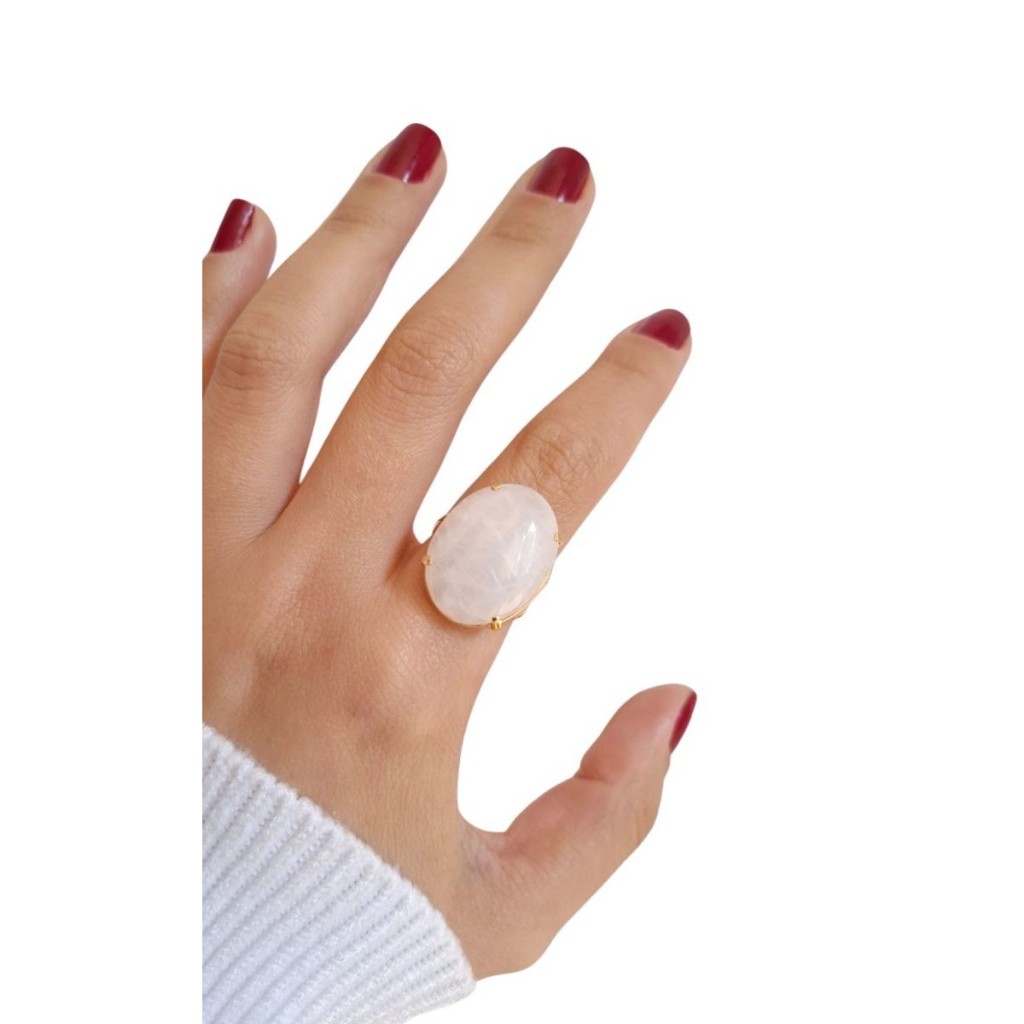 Anel Pedra Branca Natural Quartzo Branco Leitoso Dourado Feminino Folheado a Ouro Regulável