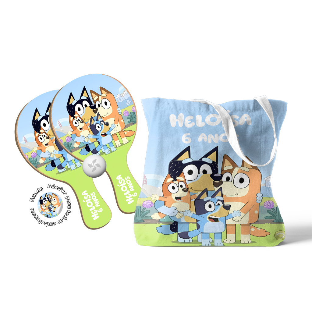 7/10/15/20/25 - Kit Sacola tecido e Raquete Ping Pong - Bluey  e Bingo
