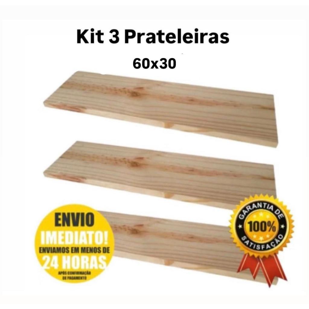 Prateleira de madeira, Pinus, Tabua, 60cm x 30cm, kit com 3 em Oferta na Shopee