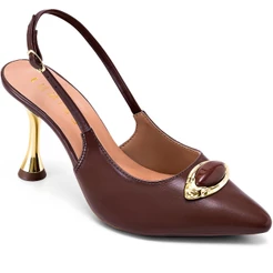 Scarpin Feminino Lumiss Bico Fino Enfeite Pedra Salto Alto Metalizado Marrom