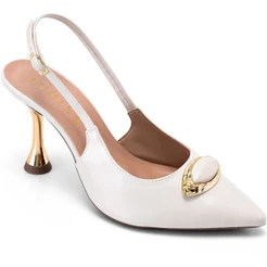 Scarpin Feminino Lumiss Bico Fino Enfeite Pedra Salto Alto Metalizado Off White