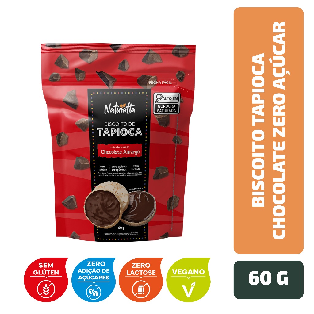 Biscoito Tapioca Chocolate Zero Açúcar Naturatta 60 g