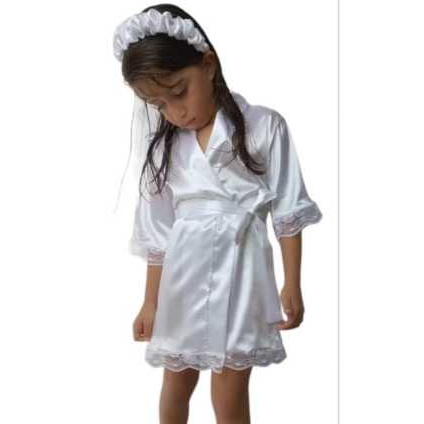 Robe Hobby Infantil Daminha De Cetim Branco Com Renda