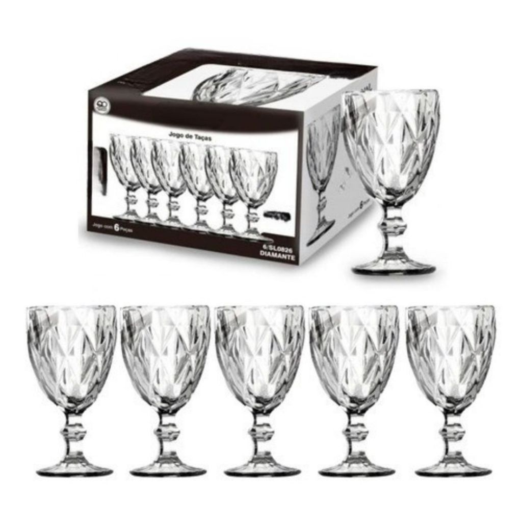Jogo de Taças Diamante de Vidro - 6 Unidades de 330ml - Transparente