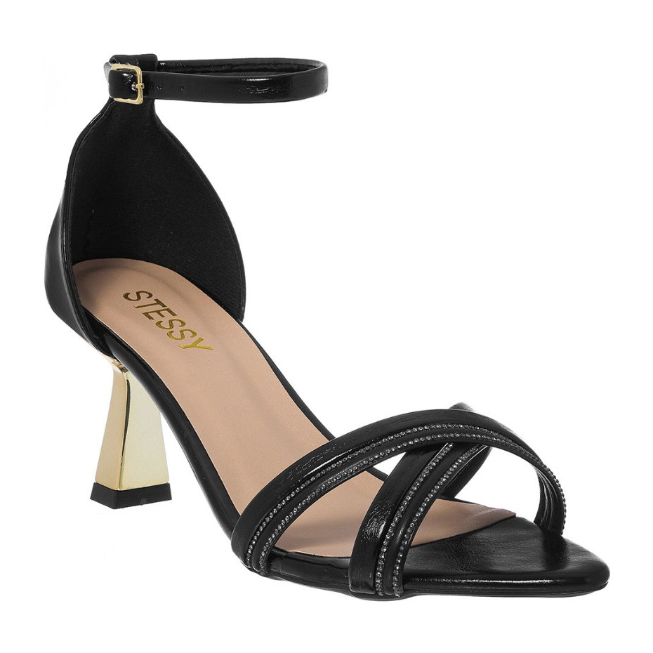 Sandália Feminina Stessy Bico Folha Salto Taça Metalizado Brilho Strass Festa Confortável Luxo Preto em Oferta na Shopee