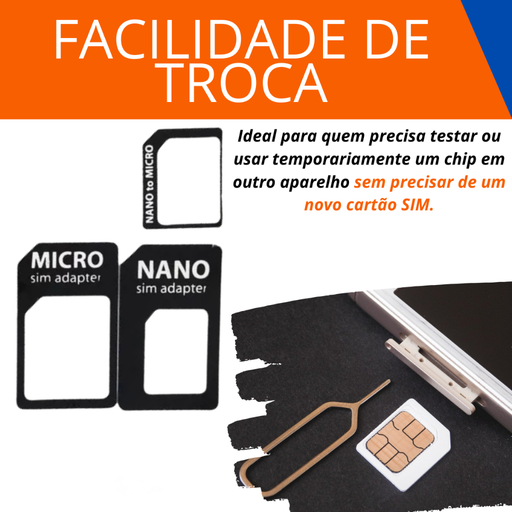 Adaptador De Chip 3 Em1 Celular Mini Micro E Nano Sim com chave chavinha