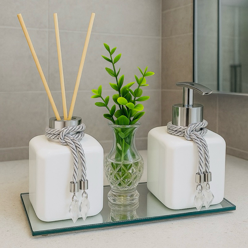 Kit Lavabo Banheiro Aromatizador de Ambiente e Sabonete Líquido Com Bandeja Luxo com vasin...