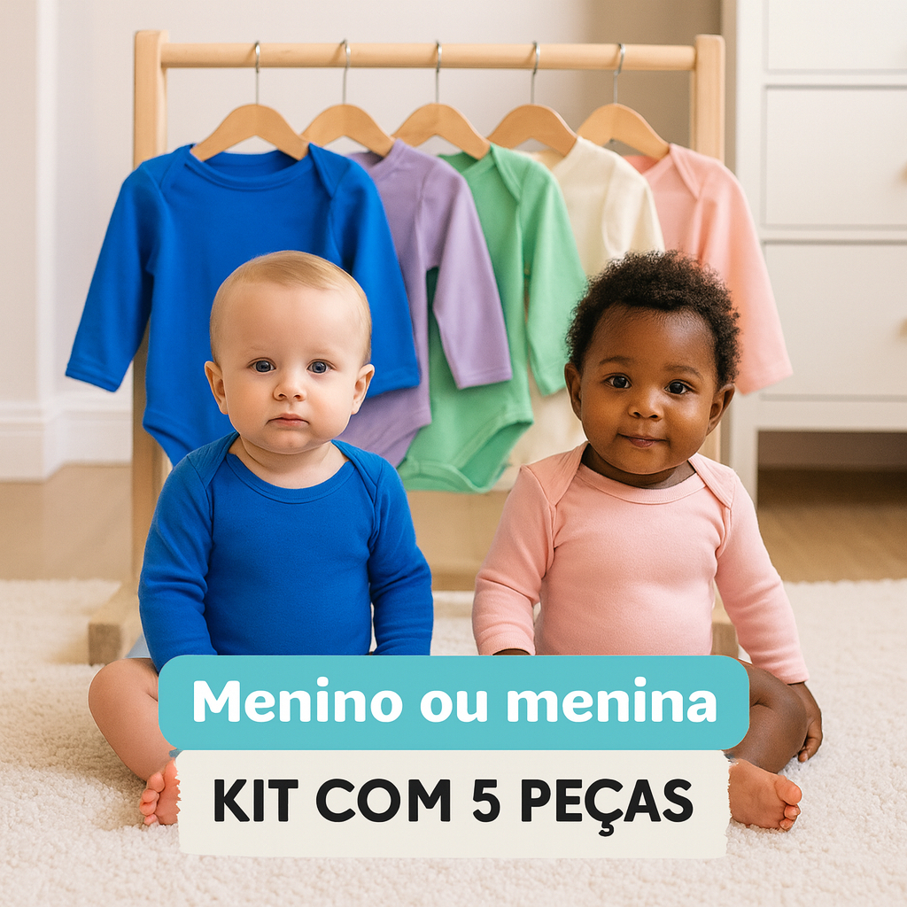kit 5 peças body manga longa liso 100% algodão menina ou menino bebê