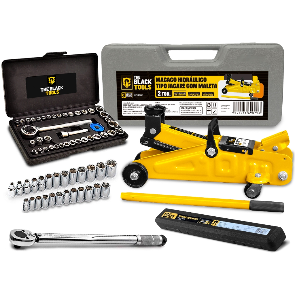 Kit Completo Macaco Hidráulico 2 toneladas Soquetes 40pçs + Torquímetro Estalo The Black Tools
