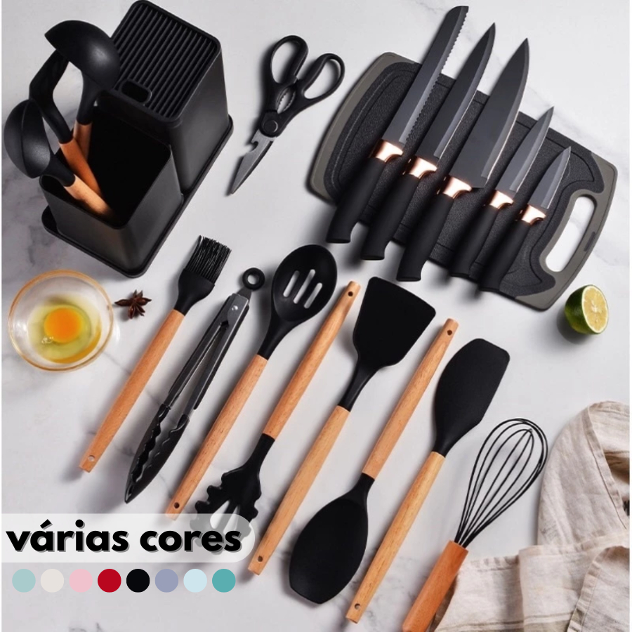 Imagem Kit Conjunto 19 Pçs De Utensílios Facas Silicone Cozinha Jogo Completo Batedeira Colher Pegador