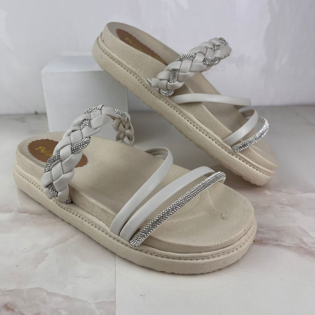 Sandália Papete Feminina Confortável Anatômico Strass Trança Conforto Casual OffWhite, Preto, Rosa