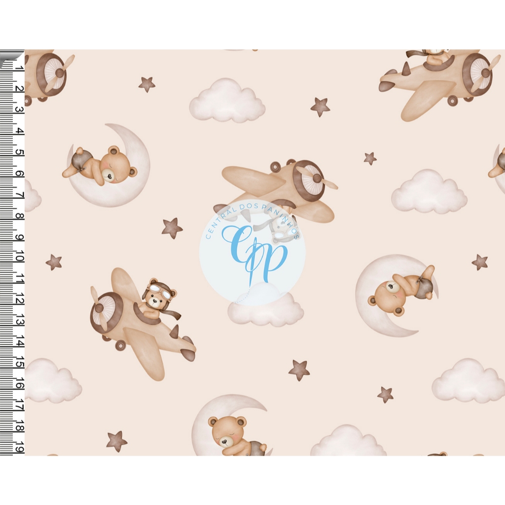 Tecido tricoline, microfibra ou gabardine - Ursinho Aviador - Fundo Bege - 0.50CM em Oferta na Shopee