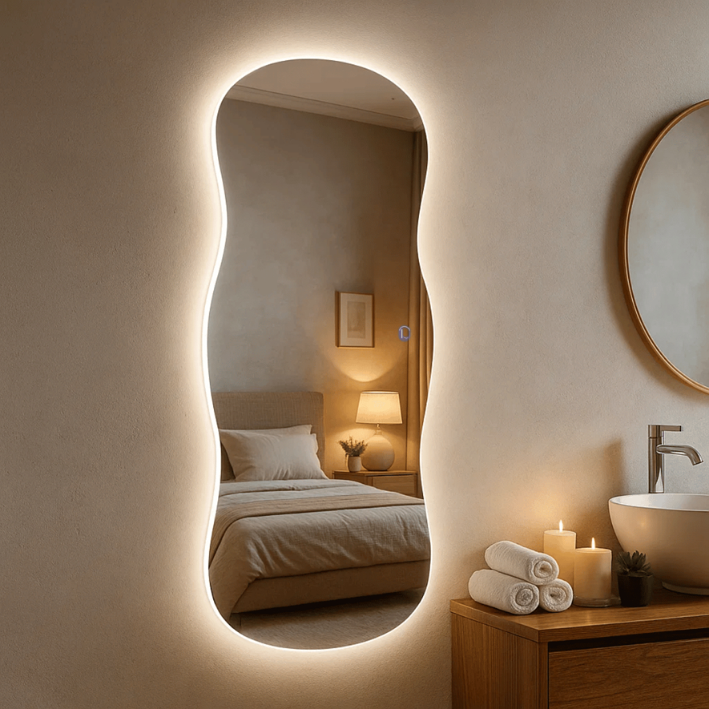 Imagem Espelho Orgânico com Led Touch Aura 150x40cm 110x50 Corpo Inteiro Luz Amarela Quente Fria Decoração