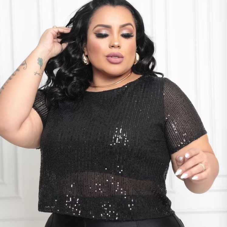 Cropped de Paetê Brilho Plus Size - Luxo e Conforto para a Mulher Moderna! em Oferta na Shopee