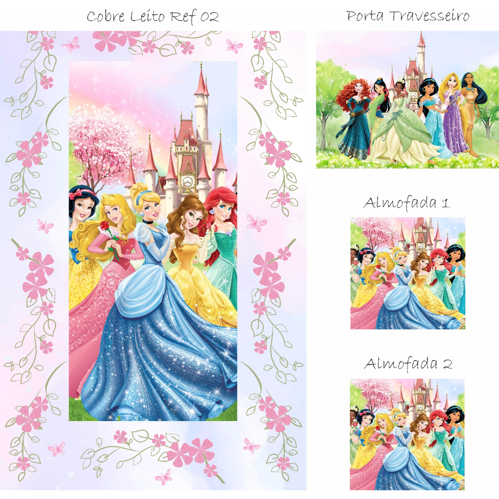 Kit Cobre Leito  4 Peças para Cama de Solteiro  Infantil Princesas Castelo