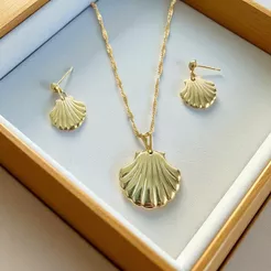 Conjunto Colar e Brinco Concha Feminino Folheado ou Aço Inox Hipoalergênico Moda Praia Presente