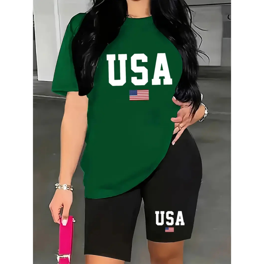 Conjunto Feminino Academia Short Leggings+Camiseta Usa Eua  Confortavél Bermuda Cós Alto Zero transparencia