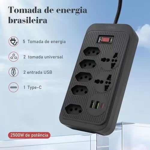 COIBEU Extensão de Tomadas 5 Tomadas 2 USB 1 Type-C E Tomada Universal 2 Universal Bivolt Power 110v/220v 2m