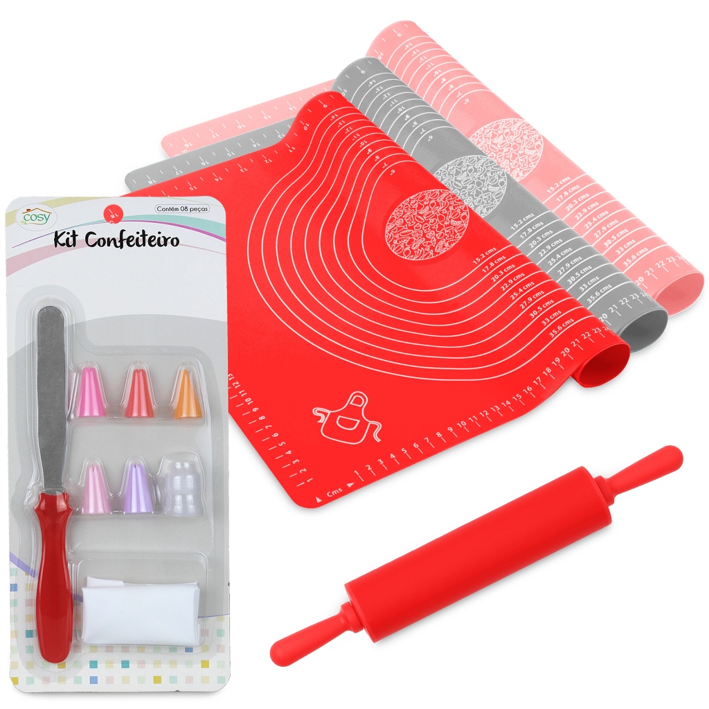 Conjunto Rolo de Massa Silicone Tapete de silicone e Kit Confeiteiro Com Espátula Raspadora em Oferta na Shopee