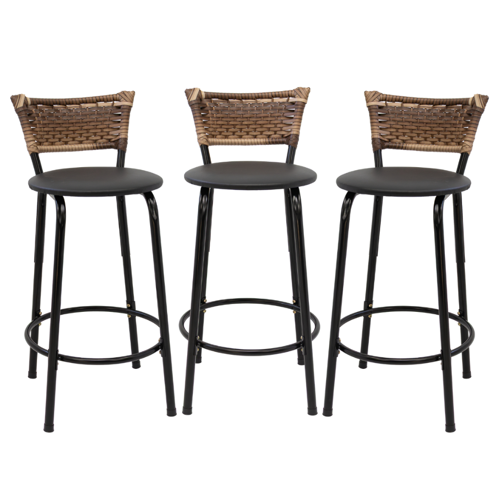 Jogo de 3 Banquetas Banco 60cm Junco Área Gourmet Cozinha Bancada Bar Balcão Ilha