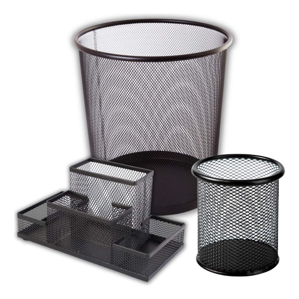 Kit Lixeira de Escritório 10 Litros + Organizador de Mesa Porta Trecos e Porta Canetas Preto