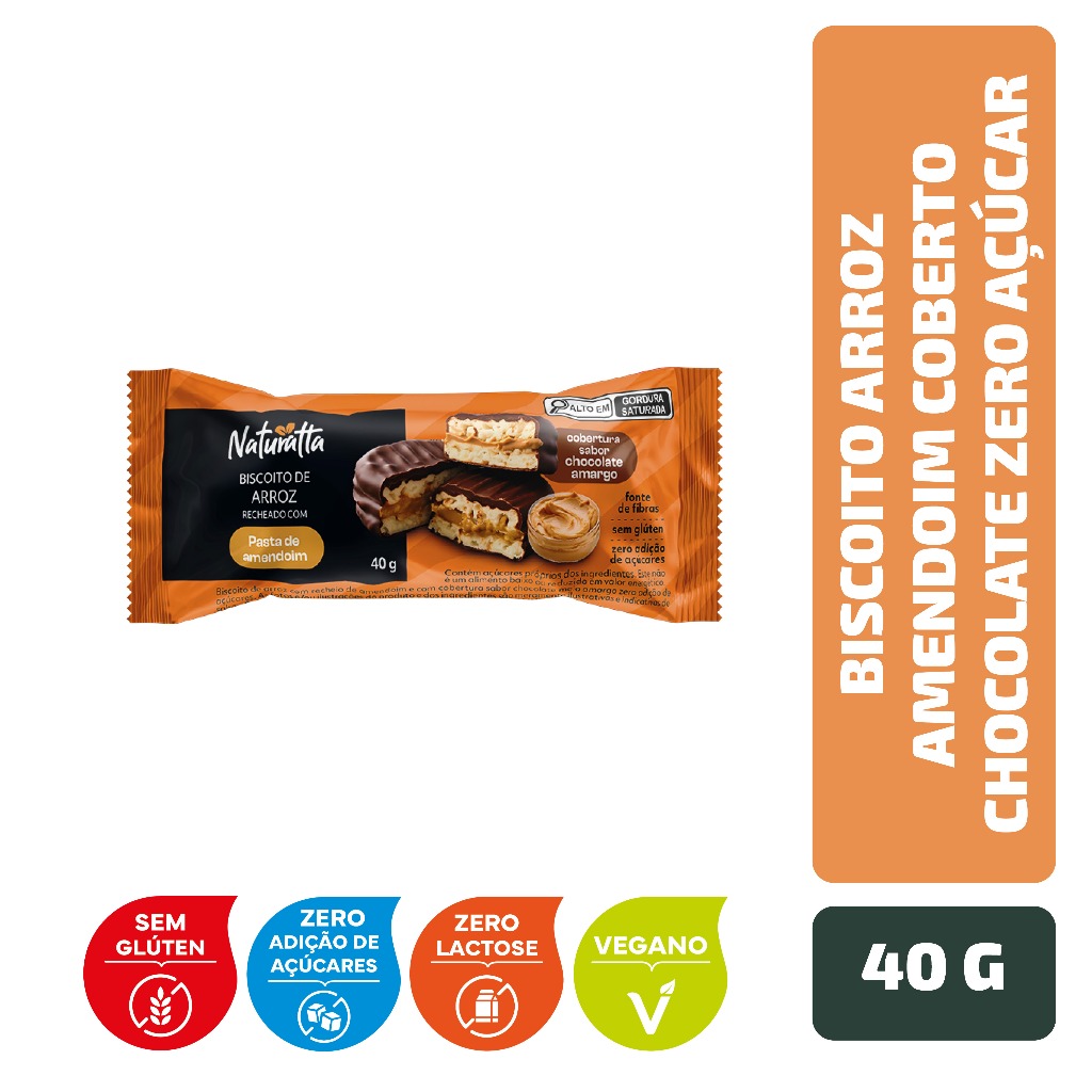 Biscoito Arroz Amendoim Coberto Chocolate Zero Açúcar Naturatta 40 g em Oferta na Shopee