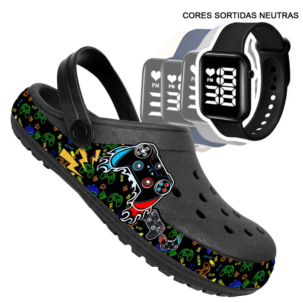 kit Babuche chinelo adulto Masculino Desenhos Personagens + Relógio digital: (cores sortidas) em Oferta na Shopee