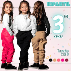 KIT 3 Calça Infantil Menina Bengaline Conforto Escola Elastano Inverno Diva Moda Estilo Confortavel
