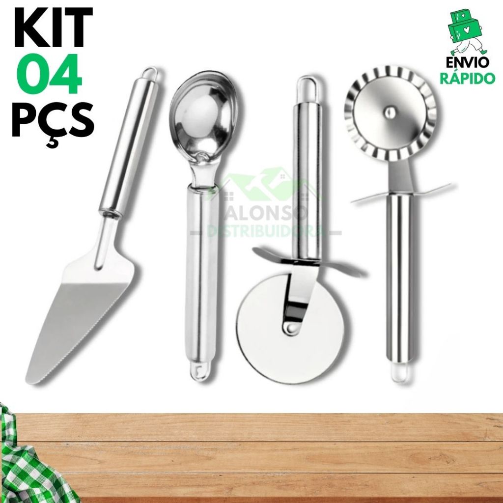 Kit 4 Cortador de Pizza Carretilha de Massa Colher de Sorvete e Espátula de Bolo em Aço Inox