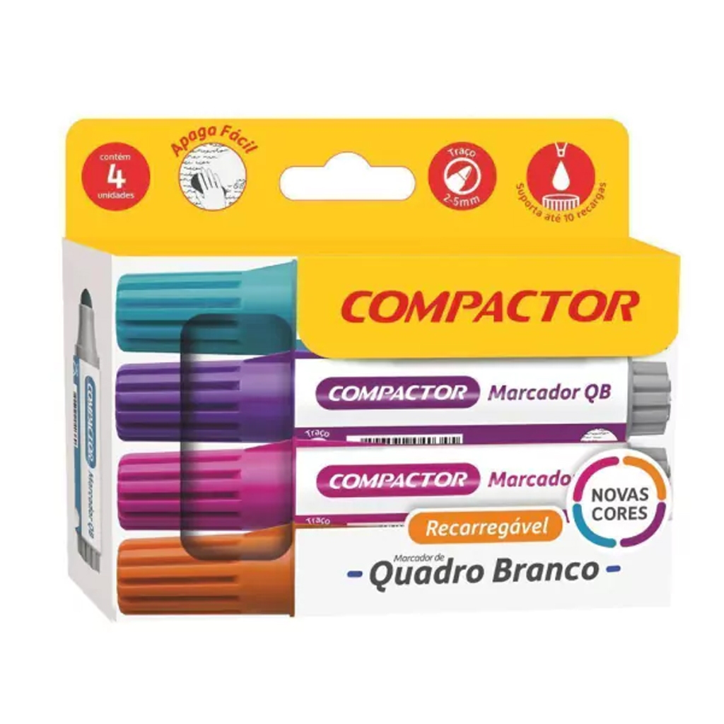 Kit com 2 Marcador de Quadro Branco QB - 4 Novas Cores - Compactor