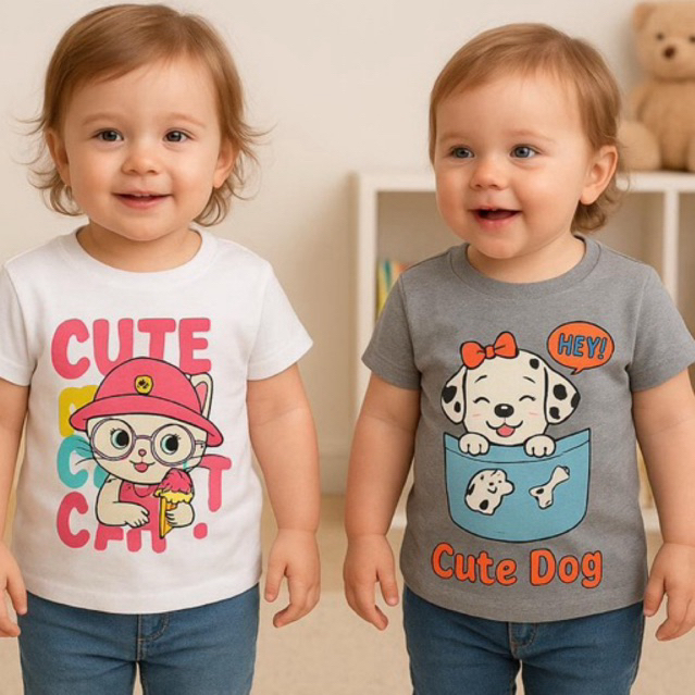 kit 2 Camiseta Infantil Feminina Manga Curta – Estampa Cute Cat e Cute Dog