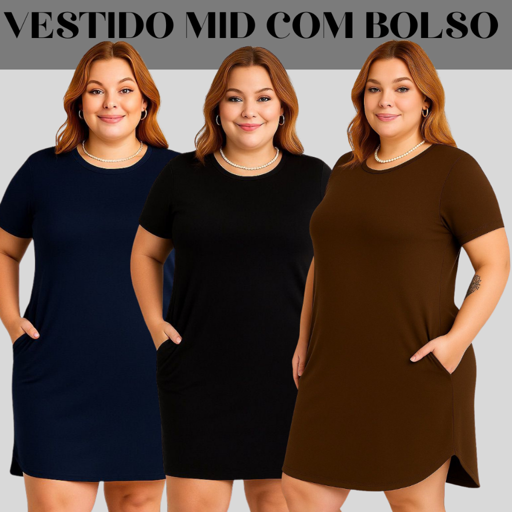 Kit 2 Vestido Plus Size camisetão Bolsos e Fendas Laterais Vestido mullet Básico Gola redonda confortável curve curvy