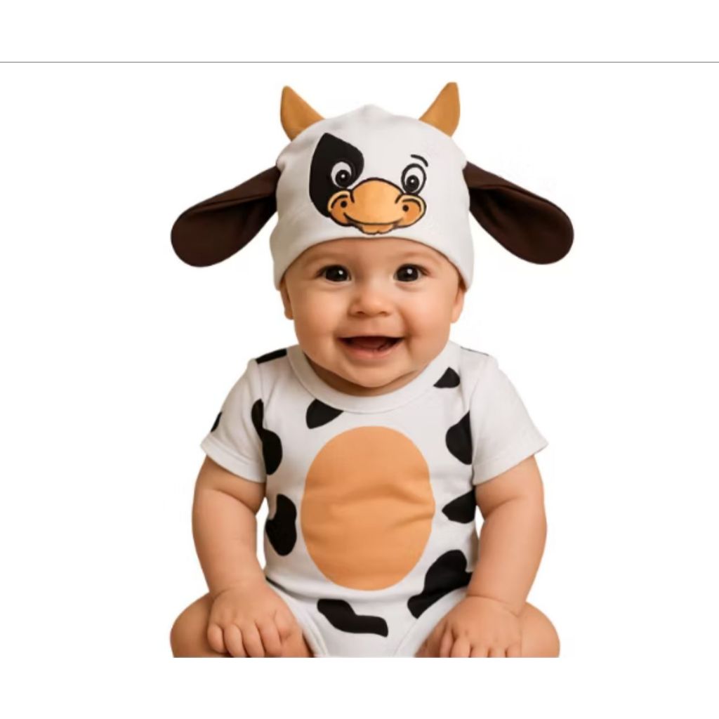 Roupa de Bebê Bezerro e Vaquinha Body + Touca Body Temático de Mesversario Fantasia