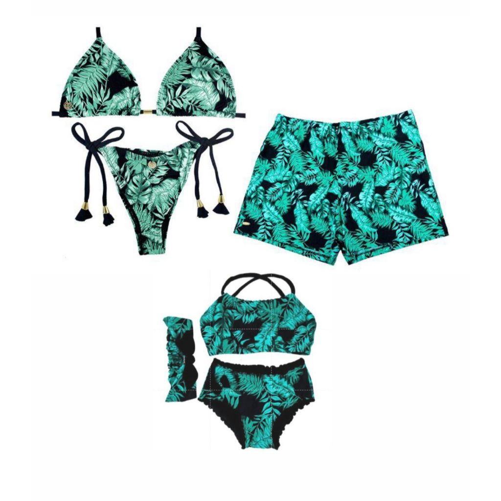Kit Família Biquíni com Bojo adulto + biquini infantil + Bermuda Short Moda Praia