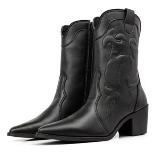 Bota Feminina Texana Cano Curto Zíper Lateral Super Confortável Botina Country de Couro Preta Bico Fino Confortável