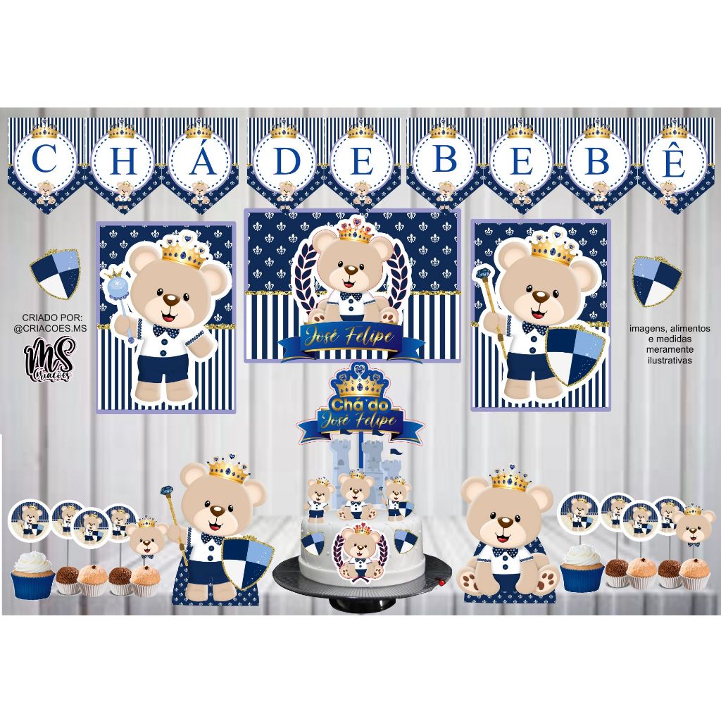 Kit Festa Ursinho Príncipe É Só um Bolinho | Chá de bebe Aniversário | 40 itens | Decoração