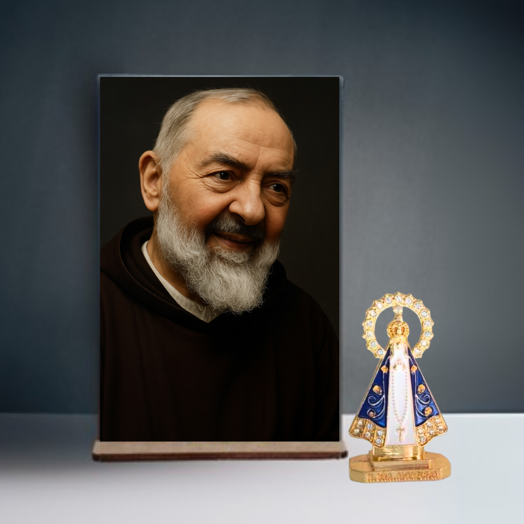 Kit Mini Placa Devocional São Padre Pio + Enfeite Ostensório Dourado Eucaristia- Fé Católica