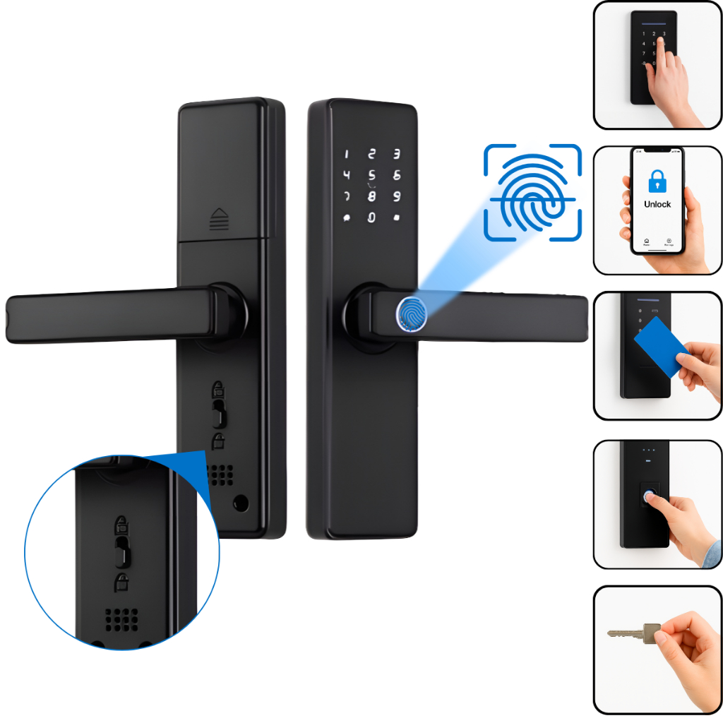 Fechadura Eletrônica Digital 5 em 1 Com Biometria, Bluetooth, Senha Touch, Chave e Tag
