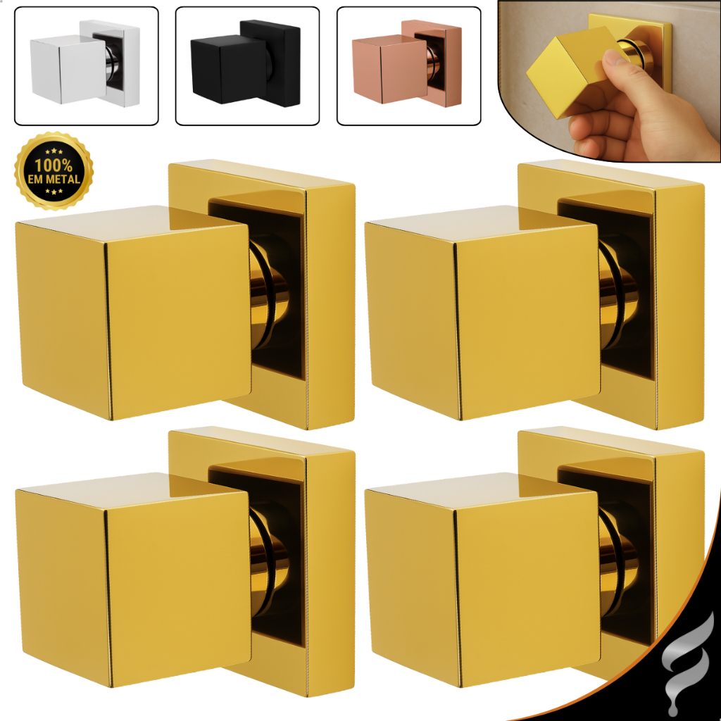 Kit 4 Acabamentos Registro De Chuveiro Todo Metal Padrão Deca 1/2" e 3/4" Quadrado Dourado Preto