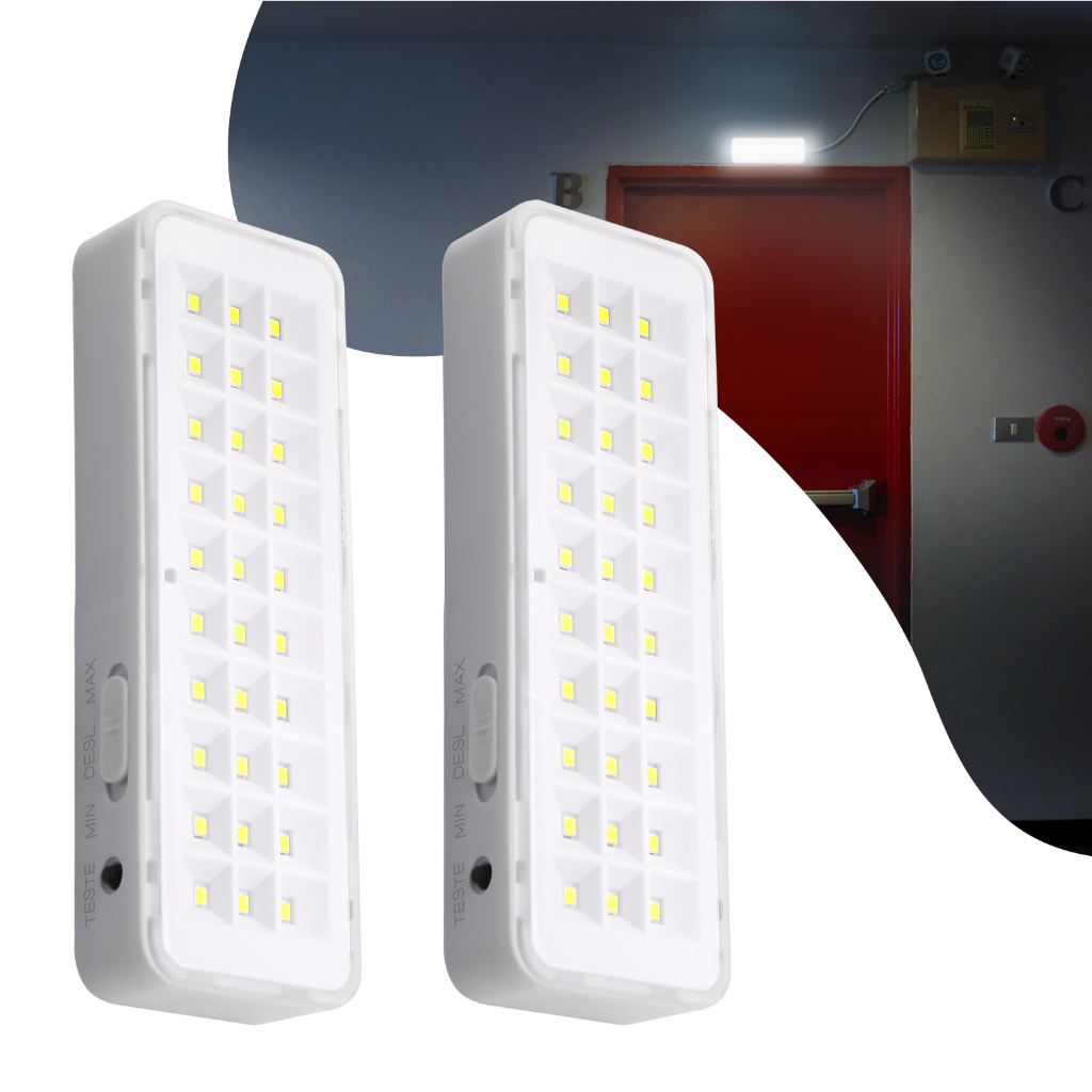Kit 2 Luminária de Emergência Recarregável Luz Branco Frio 30 LEDs Bivolt Lâmpada 110v 220v