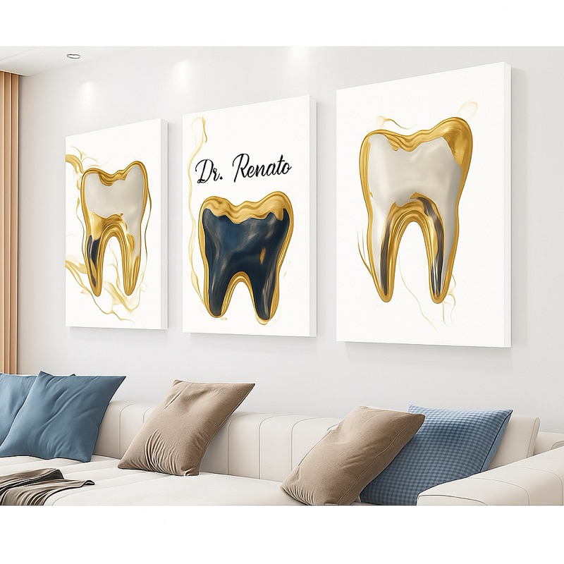 Kit 3 Quadro Decorativo Dente Abstrato Odontologia Luxo Moderno Personalizado com o Nome do Dentista
