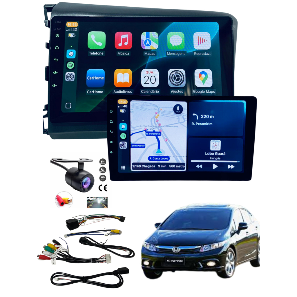 Central Multimídia Honda Civic 12*16 CarPlay Sem Fio e Câmera de Ré Grafite