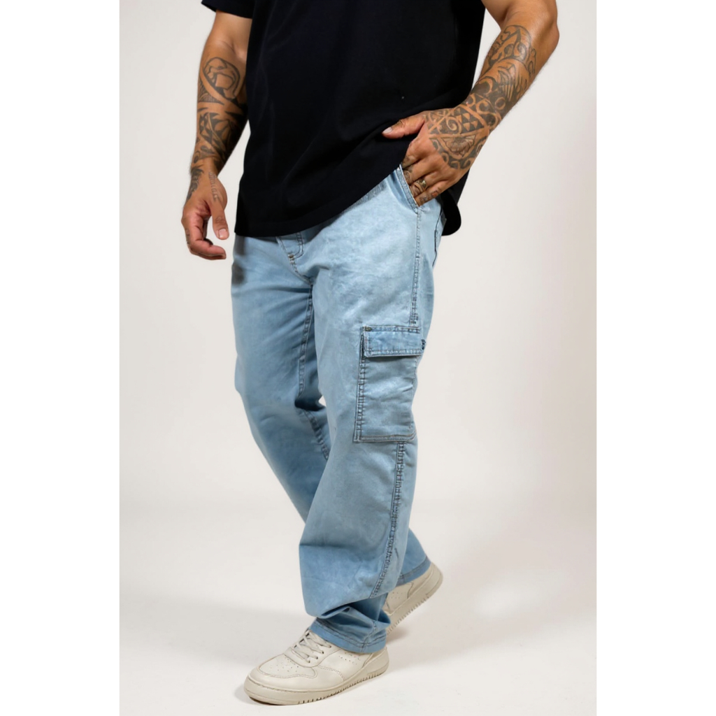 Calça Cargo Larga Bolso Lateral Skatista Streetwear Masculina Jeans