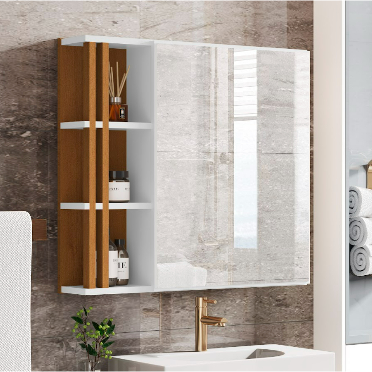 Armário Banheiro Suspenso Nix com Espelho e Nichos Laterais – 60cm em Oferta na Shopee