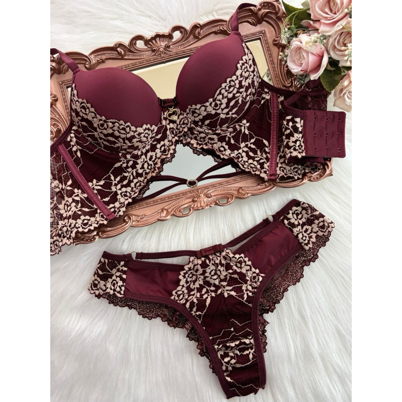 conjunto lingerie sexy sutiã com bojo calcinha fio duplo lingeire de renda semi fio linha noite (nicole) em Oferta na Shopee