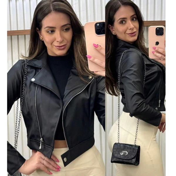 Jaqueta De Couro Feminina Com Ziper Inverno Elegante Envio Imediato